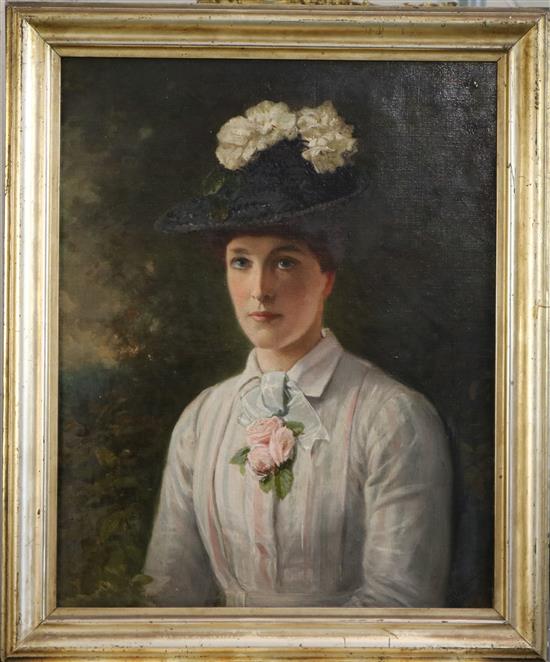 J. Wallis Portrait of a young lady wearing flowers in her hat